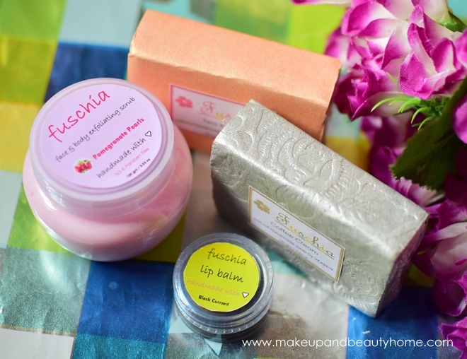 fuschia handmade soaps, scrub, lip balm